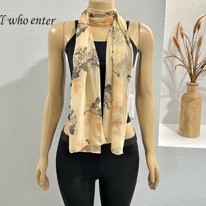 Harari Silk Ivory Rose Floral Rectangle Scarf Wrap Sheer Rust Yellow Vintage 69”